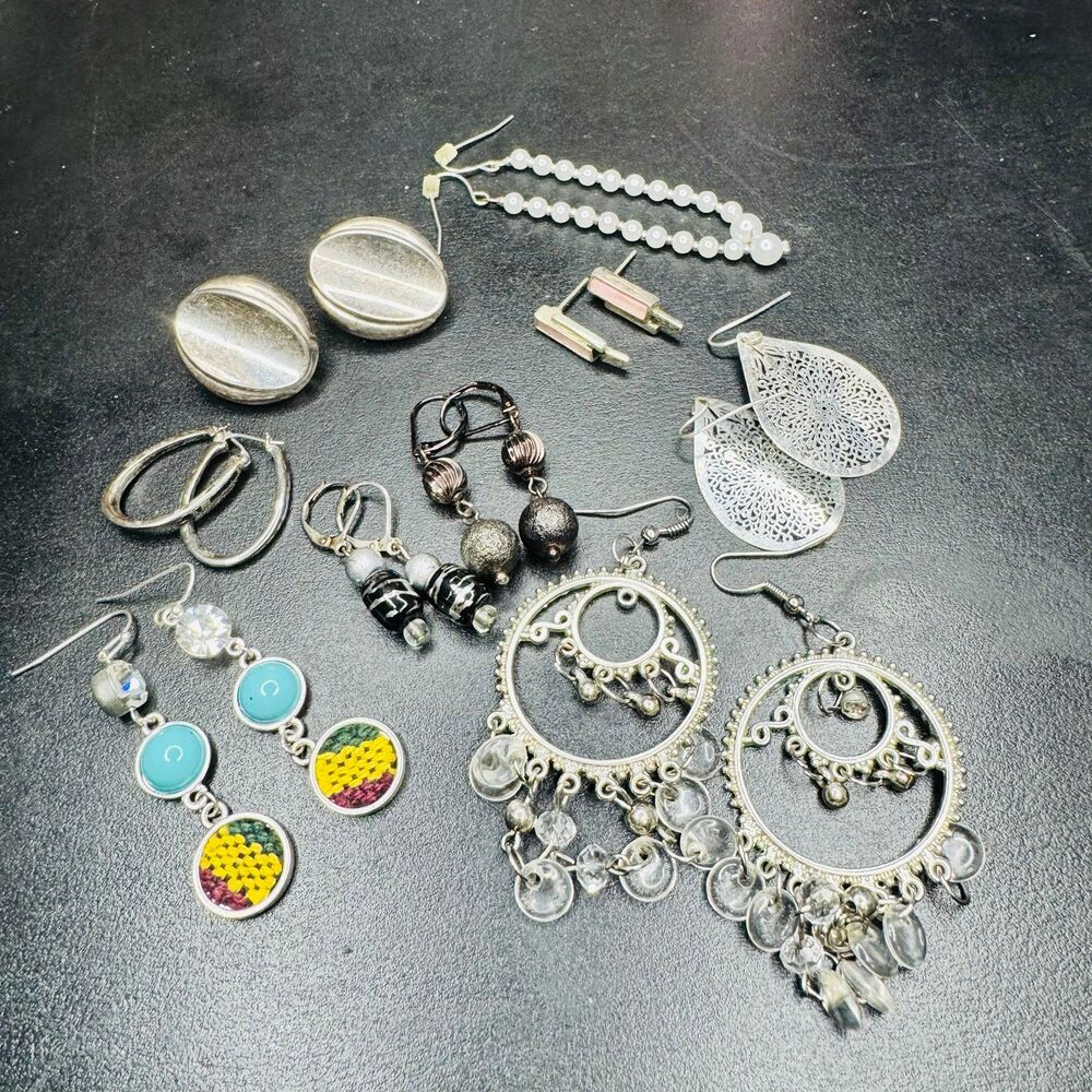 Mixed Lot of 8 Pairs Vintage & Modern Fashion Earrings Bohemian Beaded Silver